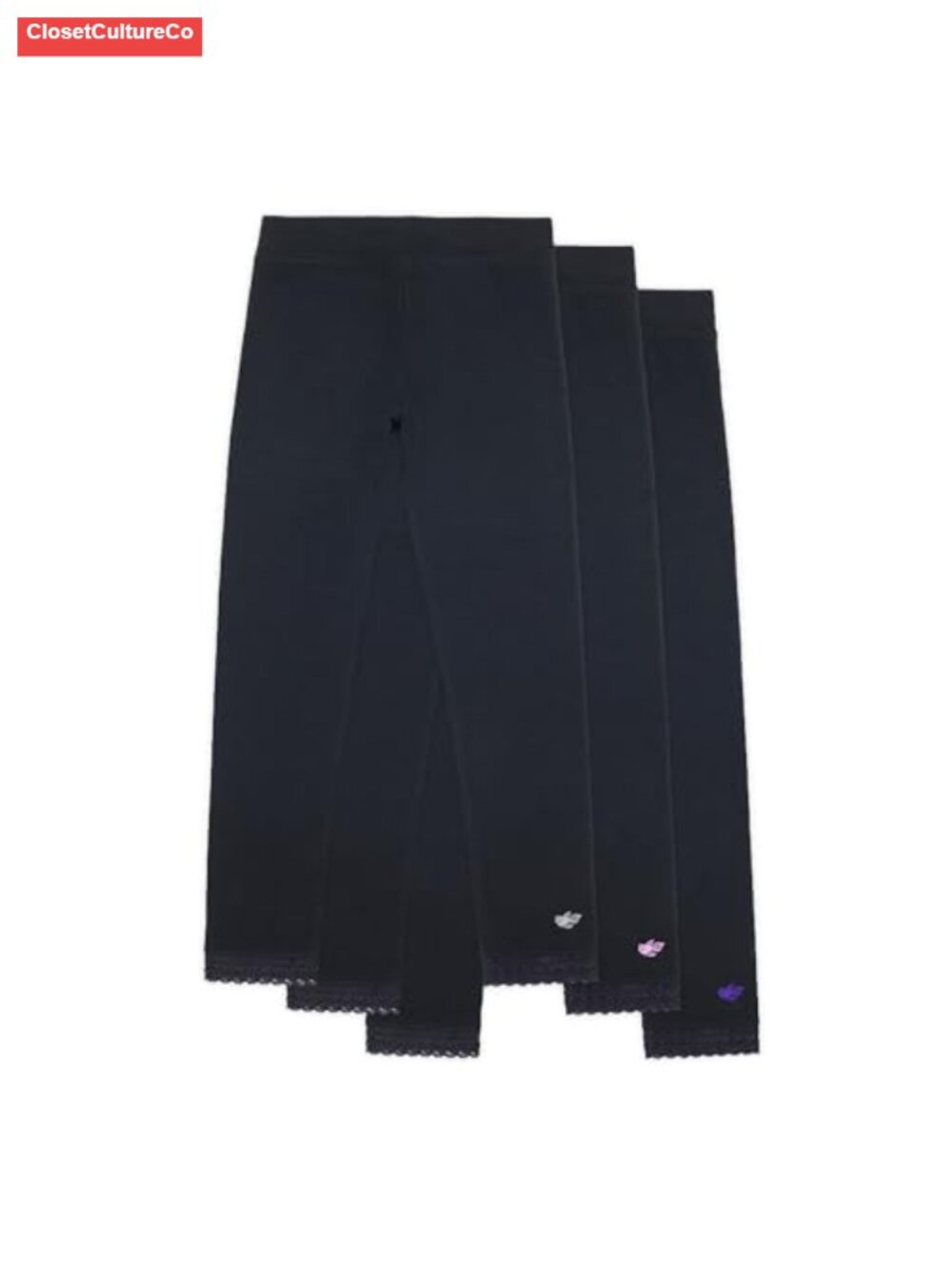 Girls Leggings 3-Pack Full Length Lace Trim Wide Waistband Tagless